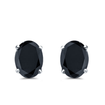 Art Deco Oval Wedding Bridal Solitaire Stud Earrings Simulated Black CZ 925 Sterling Silver-8mmx6mm